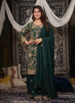 Dark Green Color Chinon Fabric Bead Embroidery Work Anjali Arora Palazzo Suit