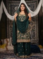 Dark Green Color Chinon Fabric Bead Embroidery Work Anjali Arora Palazzo Suit