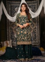 Dark Green Color Chinon Fabric Bead Embroidery Work Anjali Arora Palazzo Suit