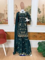 Dark Green Color Chinon Fabric Bead Embroidery Work Anjali Arora Palazzo Suit