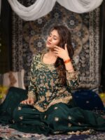 Dark Green Color Chinon Fabric Bead Embroidery Work Anjali Arora Palazzo Suit