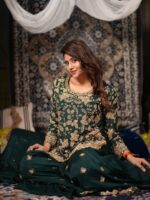Dark Green Color Chinon Fabric Bead Embroidery Work Anjali Arora Palazzo Suit