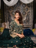 Dark Green Color Chinon Fabric Bead Embroidery Work Anjali Arora Palazzo Suit