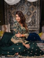 Dark Green Color Chinon Fabric Bead Embroidery Work Anjali Arora Palazzo Suit