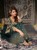 Dark Green Color Chinon Fabric Bead Embroidery Work Anjali Arora Palazzo Suit
