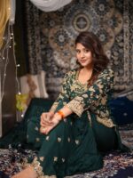 Dark Green Color Chinon Fabric Bead Embroidery Work Anjali Arora Palazzo Suit