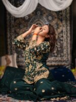 Dark Green Color Chinon Fabric Bead Embroidery Work Anjali Arora Palazzo Suit