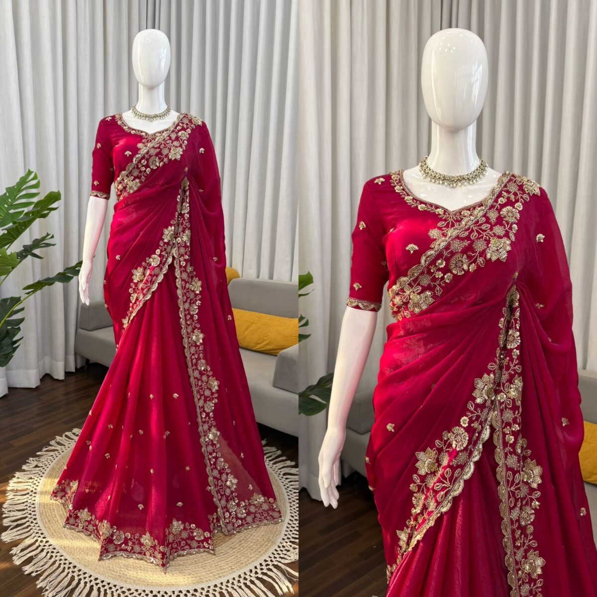 Dark Pink Color Fendi Silk Fabric Sequence With Bead Work Saree