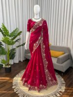 Dark Pink Color Fendi Silk Fabric Sequence With Bead Work Saree