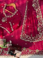 Dark Pink Color Fendi Silk Fabric Sequence With Bead Work Saree