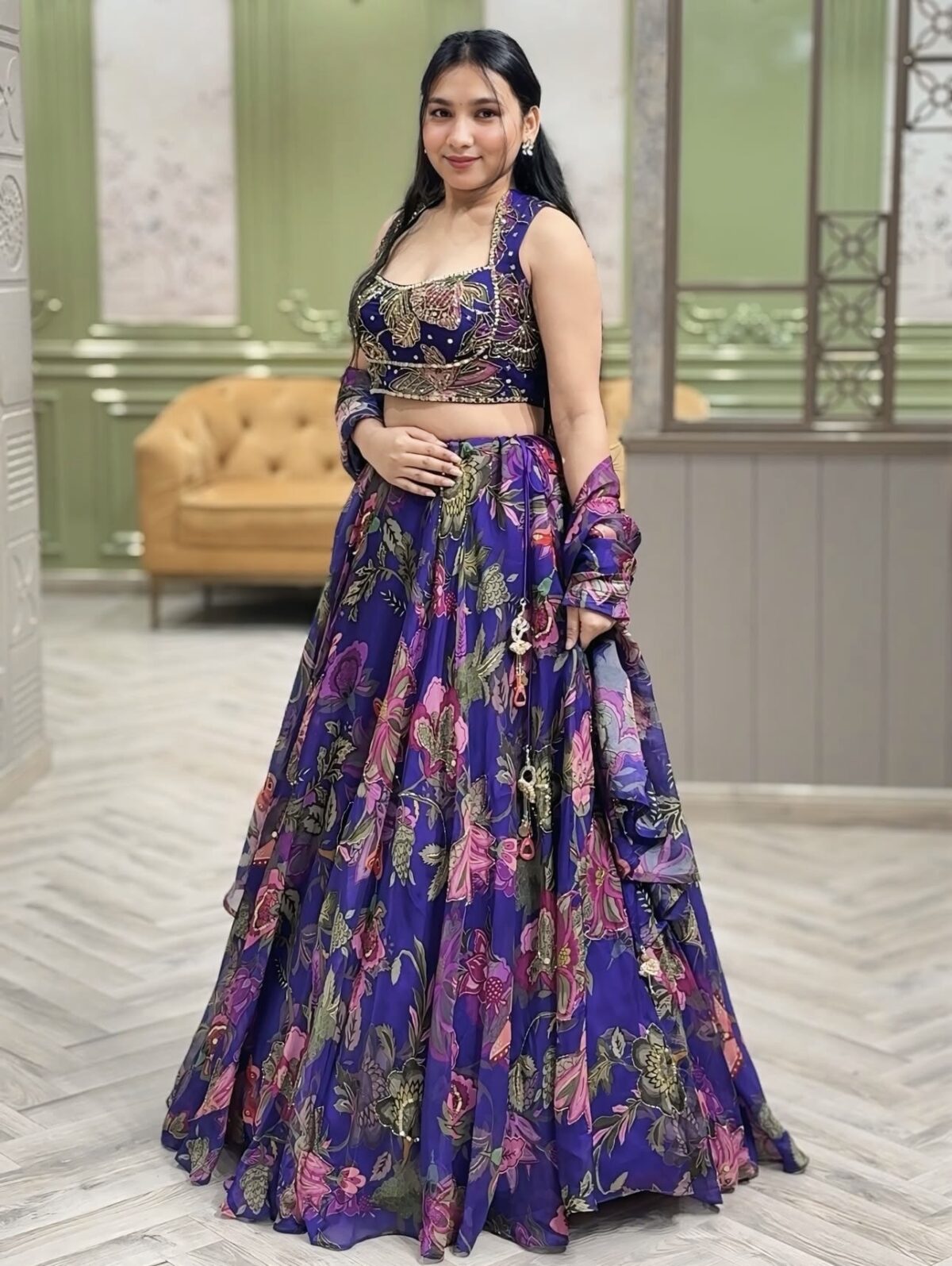 Flower Design Blue Color Tabby Silk Fabric Floral Print With Stone Work Lehenga