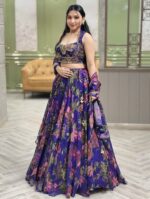 Flower Design Blue Color Tabby Silk Fabric Floral Print With Stone Work Lehenga