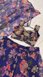 Flower Design Blue Color Tabby Silk Fabric Floral Print With Stone Work Lehenga