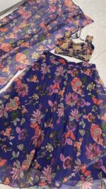 Flower Design Blue Color Tabby Silk Fabric Floral Print With Stone Work Lehenga