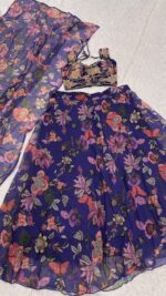 Flower Design Blue Color Tabby Silk Fabric Floral Print With Stone Work Lehenga