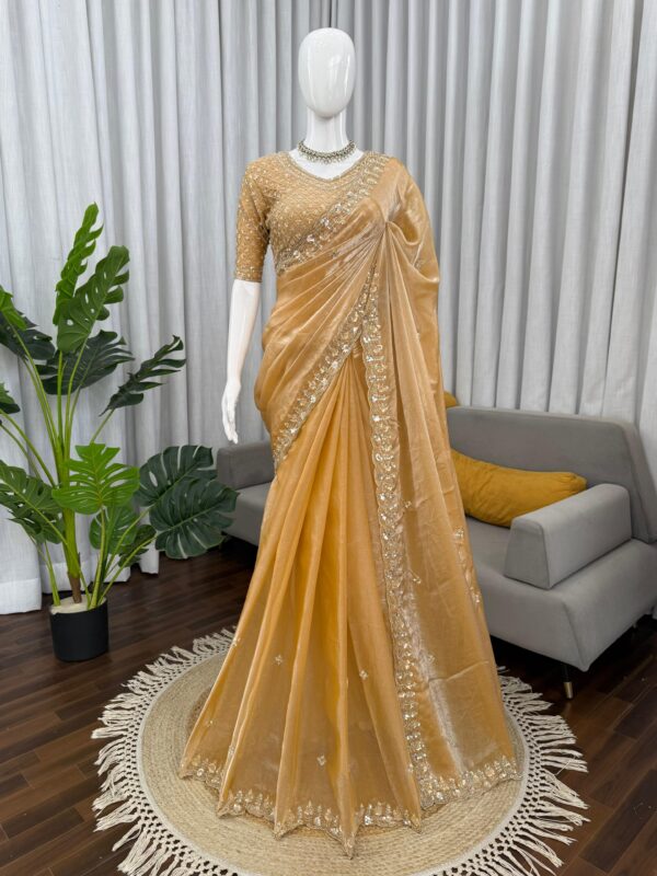 Gold Color Fendi Silk Fabric Sequence With Bead Work Saree