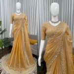Gold Color Fendi Silk Fabric Sequence With Bead Work Saree