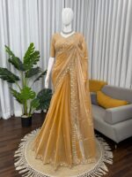 Gold Color Fendi Silk Fabric Sequence With Bead Work Saree