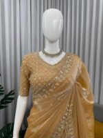 Gold Color Fendi Silk Fabric Sequence With Bead Work Saree