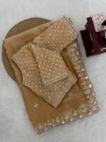 Gold Color Fendi Silk Fabric Sequence With Bead Work Saree