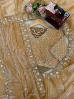 Gold Color Fendi Silk Fabric Sequence With Bead Work Saree