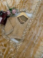 Gold Color Fendi Silk Fabric Sequence With Bead Work Saree