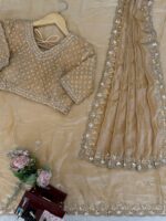 Gold Color Fendi Silk Fabric Sequence With Bead Work Saree