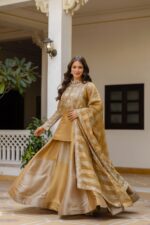 Gold Color Pure Banarasi Viscose Fabric Kali Pattern Top Lehenga