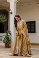 Gold Color Pure Banarasi Viscose Fabric Kali Pattern Top Lehenga