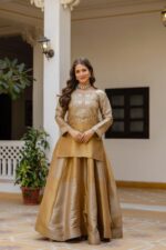 Gold Color Pure Banarasi Viscose Fabric Kali Pattern Top Lehenga