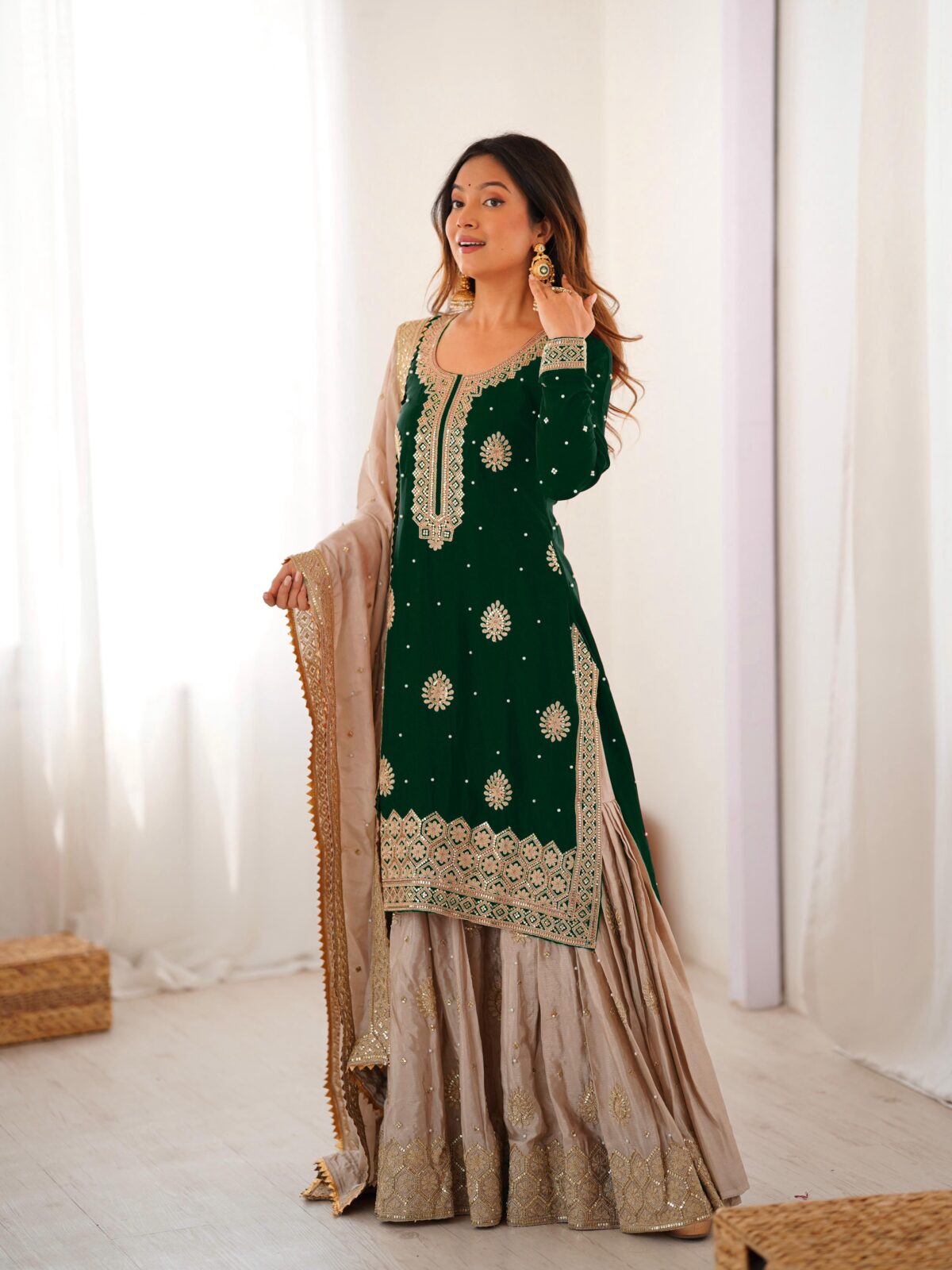 Green Color Chinon Silk Fabric Pearl Work Sharara Suit