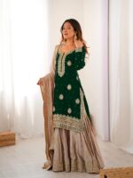 Green Color Chinon Silk Fabric Pearl Work Sharara Suit