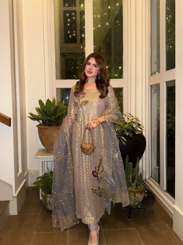 Grey Color Faux Georgette Fabric Sequence With Pearl Work Suit