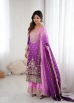 Lavender Color Chinon Silk Fabric Sequence Work Palazzo Suit