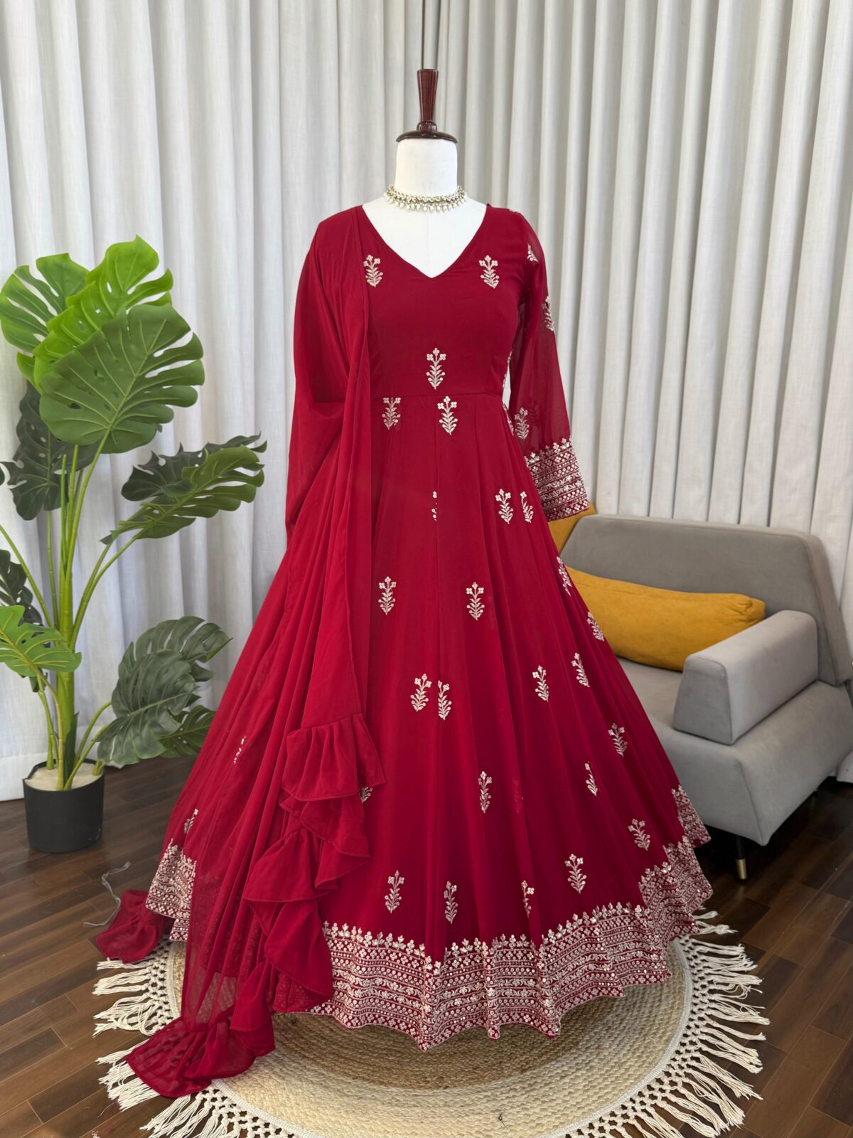 Maroon Color Faux Georgette Fabric Sequence Work Anarkali Suit