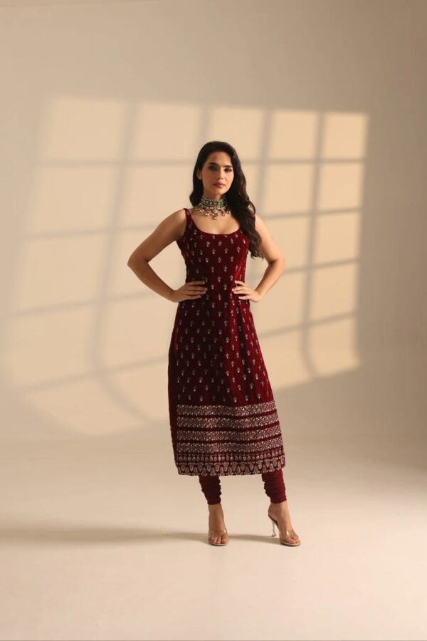 Maroon Color Roman Glass Fabric Sequence Work Suit