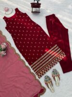 Maroon Color Roman Glass Fabric Sequence Work Suit