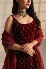 Maroon Color Roman Glass Fabric Sequence Work Suit