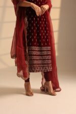 Maroon Color Roman Glass Fabric Sequence Work Suit