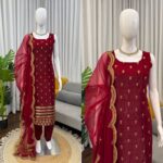 Maroon Color Roman Glass Fabric Sequence Work Suit