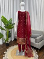 Maroon Color Roman Glass Fabric Sequence Work Suit