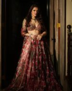 Multi Color Tabby Organza Silk Fabric Floral Print With Sequence Work Lehenga