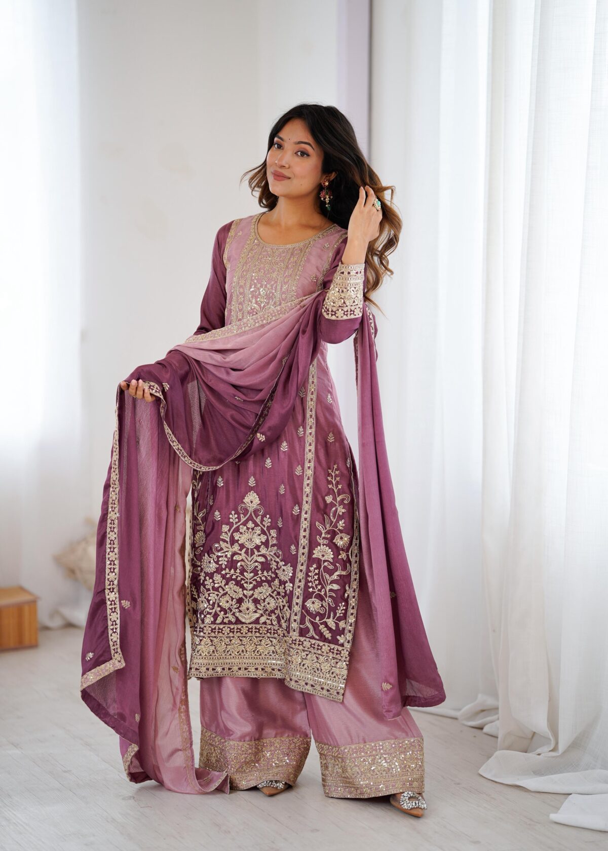 Onion Color Chinon Silk Fabric Sequence Work Palazzo Suit