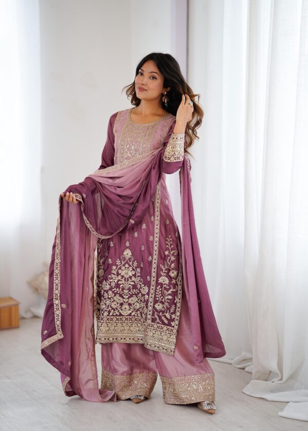Onion Color Chinon Silk Fabric Sequence Work Palazzo Suit