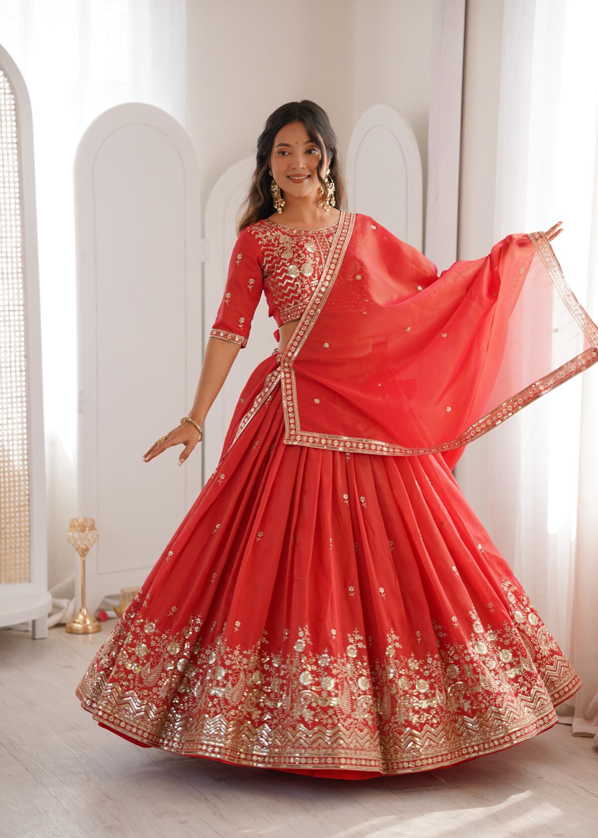 Orange Color Shimmer Silk Fabric Sequence Work Lehenga