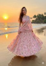 Peach Color Tabby Silk Fabric Sequence With Real Mirror Work Lehenga