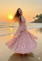 Peach Color Tabby Silk Fabric Sequence With Real Mirror Work Lehenga