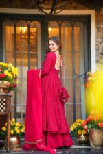 Pink Color Faux Blooming Fabric Sequence With Jari Work Sharara Suit