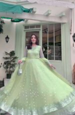 Pista Color Faux Georgette Fabric Sequence Work Lehenga Gown