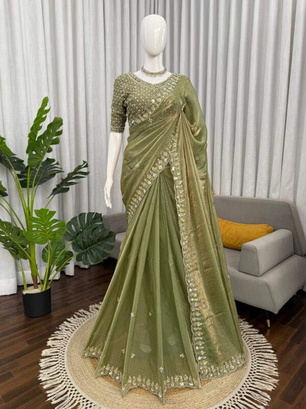 Pista Color Fendi Silk Fabric Sequence With Bead Work Saree